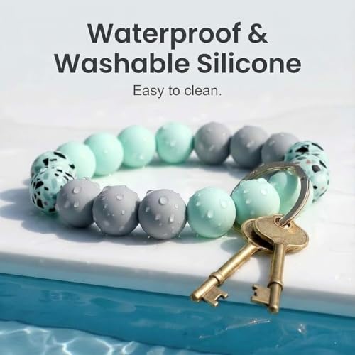 BIHRTC Key Ring Bracelet Car Keychain Holder Wristlet Silicone Women Beaded Bangle Chains - color: Mint Green
