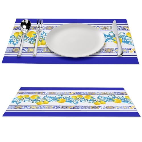 Blue Lemon Placemats Set of 4, 12x18 Inch Navy Blue Vintage Baroque Summer Fruits Floral Farmhouse Seasonal Spring Holiday Coffee Table Mats for Party Kitchen Dining Decoration - color: Lemon08, size: 4pcs
