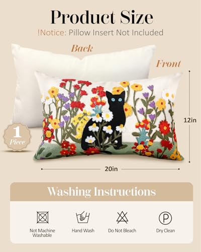 Embroidered Throw Pillow Cover, 20x12 Inch, Black Cat Floral - color: Flower Cats, size: 20" x 12" (Pack of 1)