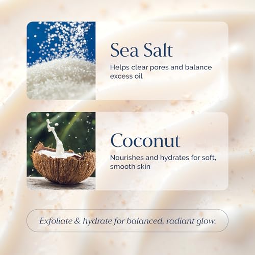 Gentle & Brightening Face Scrub with Sea Salt & Coconut – Exfoliates, Hydrates & Reduces Blemishes – Balancing Facial Cleanser for All Skin Types – 5.1 fl oz
