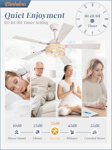 Fanbulous Farmhouse Ceiling Fans with Light & Remote, 48" Caged, 6-Speed - color: White and Gold, size: 48 Inch