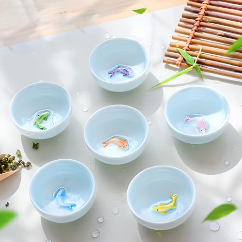 Yixing Handmade Celadon Colorful Koi Fish Teacup(Set of 6),Chinese Gongfu Tea Cup,Japanese Teacup, Korean Soju Shot Glasses Set (Koi Cups)