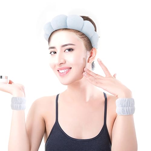 SPA Headbands for Washing Face Makeup Headbands with Bow Hair Band Women Facial Head Band Wrist Towel Wraps For Shower Face Mask Blue, 5 Pack - color: Sky Blue