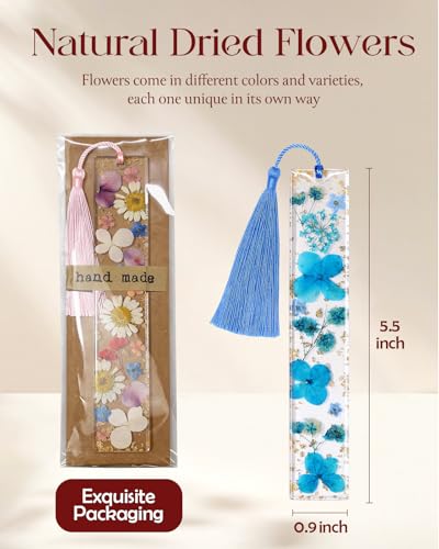 Buleens 4PCS Bookmarks for Women- Book Marks for Readers Book Lovers, Personalized Handmade Dried Flower Resin Bookmark with Tassels, Pretty and Aesthetic - color: 4 Pack Pink White Blue Green