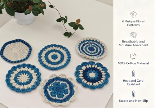 Handmade Crochet Floral Coaster, Absorbent Blue Coaster, 3.9 inches