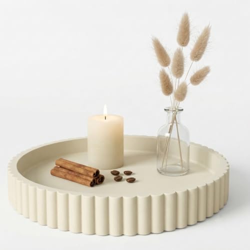 Round Solid Concrete Tray, Fluted Centerpiece for Coffee Table Decor 11" - color: Beige