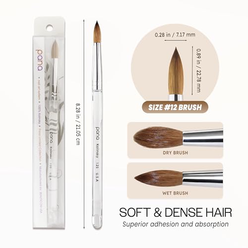 PANA Pure Kolinsky Hair Nail Brush - Round Clear Acrylic Handle (Size 12) - Nail Brush for Nail Application, Nail Extension, Manicure Pedicure Salon Beginner and Professional - color: Clear, size: Size 12