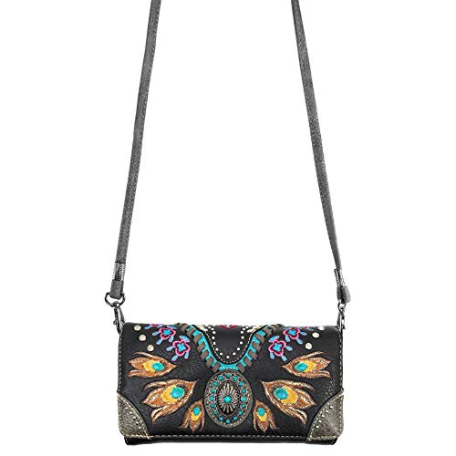 Zelris Turquoise Concho Peacock Feather Women Crossbody Wrist Trifold Wallet - color: Black