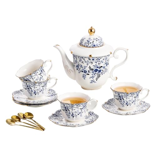 TATSUMI Country Roses Porcelain Tea Set, European Ceramic tea set for adults,Vintage Style, For Women and Tea Parties (BLUE, 13 Pieces Set) - color: Blue, size: 13 Pieces Set