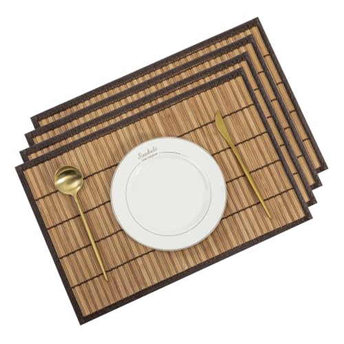Bamboo Placemats with Fabric Border Set of 4, 18" x 12", Brown - color: Brown, size: Set of 4