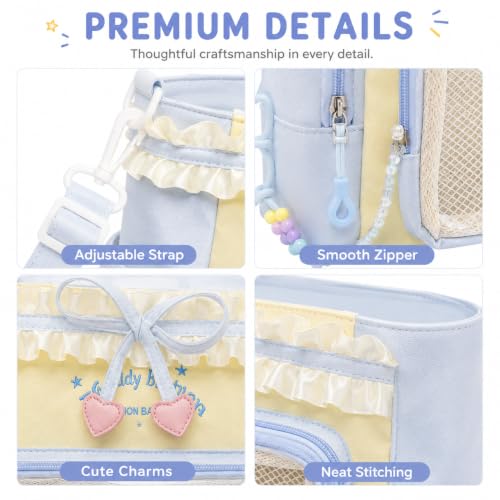 Kawaii Ita Bag with Ruffle Trim, Cute Color Block Crossbody Bag, Pin Display Shoulder Bag with Insert Y2k Style - color: Blue / Yellow