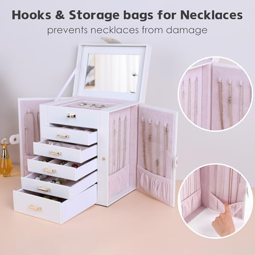 Kendal Jewelry Box, 6-Layer Jewelry Storage Organizer for Necklace Bracelet Rings Watch, 10.2"x8.2"x6" Classic PU Leather 5 Drawers Large Storage Capacity with Mirror - color: White, size: Medium(10.2"x8.2"x6")