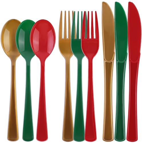 Kochorie 300 Pieces Christmas Plastic Silverware Heavy Duty Plastic Cutlery Set Heavyweight Disposable Flatware Includes Christmas Spoons Knives Forks for Christmas New Year Party - color: Red, Green, Gold