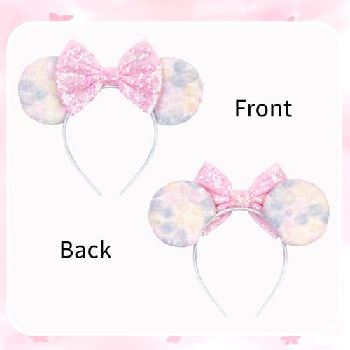 zhezesmila Pastel Floral Mouse Ears Headband – 3D Rosette & Pink Sequin Bow Costume Accessory for Women & Girls – Spring Princess Theme Park Outfit for Travel Birthday Party