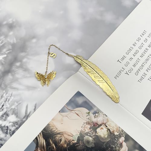 Initial Letter and Butterfly Charm Metal Feather Bookmark (Gold-S) - style: Gold-S