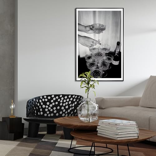 Vintage Champagne Glasses Posters Black and White Wall Art Trendy Wine Decor Funky Bar Cart Canvas Prints Unique Aesthetic for Pub Kitchen Dining Living Room Home Decor 12x16in Metal Black Frame - color: Black Frame 3, size: 16"L x 12"W