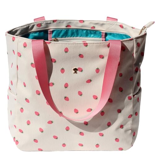 ESVAN Original Floral Water Resistant Large Tote Bag Shoulder Bag for Gym Beach Travel Daily Bags Upgraded - color: Corduroy Pink Strawberry