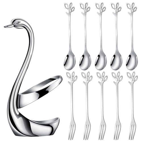 AnSaw Silver Swan Base Holder Set with 10 Pcs 4.7" Mini Leaf Spoon & Fork - color: Silver Swan