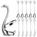 AnSaw Silver Swan Base Holder Set with 10 Pcs 4.7" Mini Leaf Spoon & Fork - color: Silver Swan