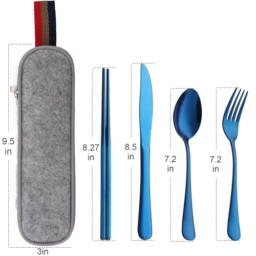 DEVICO Travel Utensils with Case, 5 Piece Portable Silverware Set for Work - color: Blue