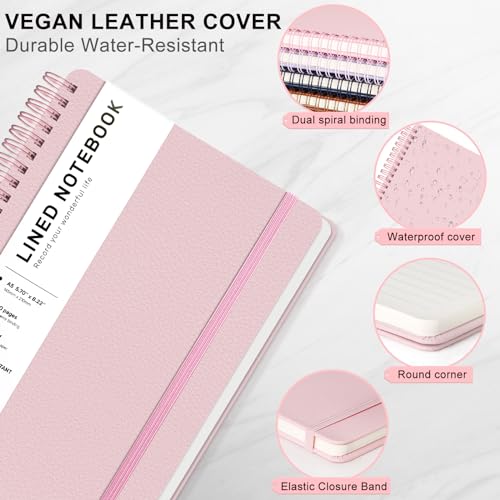 Lined Spiral Notebook for Women, A5 College Ruled Leather Spiral Journals - color: Pink, size: A5