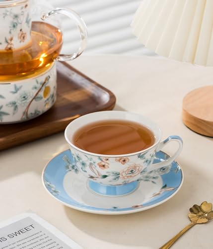 Jusalpha Porcelain Tea Set, Blue Floral Series, 4 Cups and Saucers with Teapot, Warmer, Filter and Spoon, 16 Pieces
