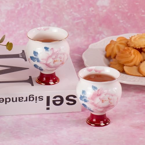 KAMMAK Red Makeup and Youth - Big-bellied, high-footed Cup,Tea Cup 3.2oz Small Tea Cups Set of 2, Red Porcelain Tea Cup Set,Asian Ceramic Teacups for Home, Party, Office - style: 711N Belly