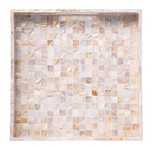 PEMAR Handcrafted Mother of Pearl Decorative Tray with Handles - 12" Square Mosaic Inlay Organizer for Coffee Table, Ottoman, Vanity & Bathroom - Luxury Coastal Home Decor (White Cream Squares) - color: White Squares