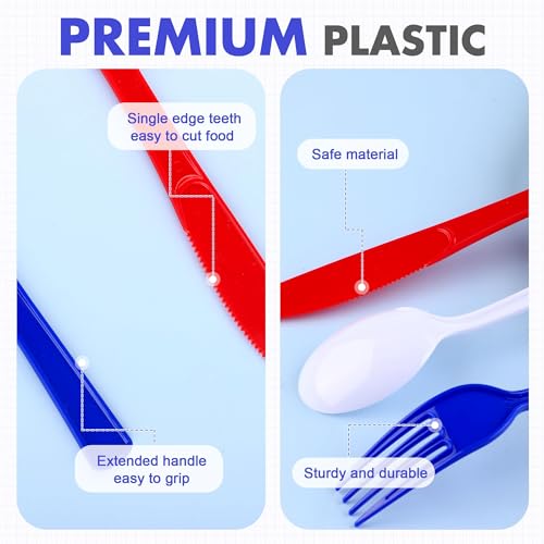 Kochorie 300 Pieces 4th of July Plastic Silverware, Heavy Duty Independence Day Cutlery Set, Disposable Plastic Utensils Includes Spoons Forks Knives for Memorial Day Veterans Day, Red Blue White - color: Red, Blue, White