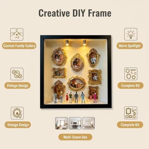 DIY Mini Gold Frames Silhouette Box, Upgrade Shadow Box , 10x10 Inch, with 8 Vintage Gold Mini Frames and 8 Handcrafted Figurines, for Anniversary, Wedding, Birthday and Home Decor (White) - color: White