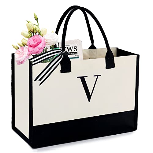 BeeGreen Embroidery Monogram Initial Tote Bag for Women Teacher Mom Friend Personalized Gift for Birthday Beach Work Wedding - color: Natural & Black, style: V