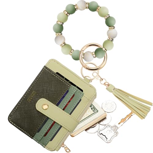 COOLANS Silicone Bracelet Wristlet Wallet Credit Card Holder RFID ID Window Key Ring Tassel Slim Wallet Women Keychain Purse - color: Green Multicolored