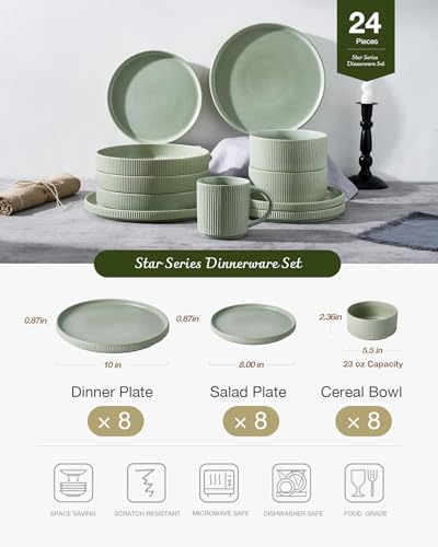 Famiware Star Stoneware Dinnerware Sets for 8, Reactive Glaze Plates, Bowls - color: Matte Sage Green