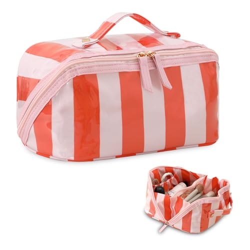 DYSHAYEN Travel Makeup Bag, Pink and Orange Striped - color: Pink-Orange