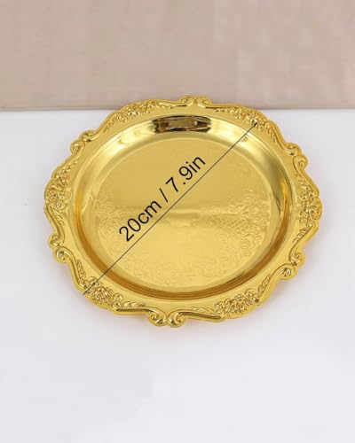 Round Decorative Tray 7.9in Metal Dessert Plates Vintage Coffee Table Tray for Snacks Fruit Gold - color: Gold, size: 7.9"