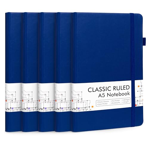 feela 5 Pack Journal Notebook Bulk for School, Hardcover Business Notebooks Classic Ruled Lined Journals with Pen Holder for Work Note Taking, with 5 Black Pens, 120 GSM, 5.1”x8.3”, A5, Navy - color: 5 Pack navy
