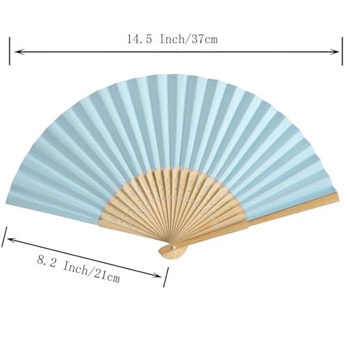 50pcs Paper Hand Fan with Organza Bags Bamboo Handheld Folding Fan DIY Decorative Wedding Party Favors (Light Blue) - color: Light Blue