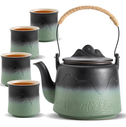 ZENS Japanese Teapot Set with 4 Cups, 33.8oz Loose Leaf Clay Teapot - color: Black & Pea Green, size: 33.8oz Teapot&4 of 8oz Cups