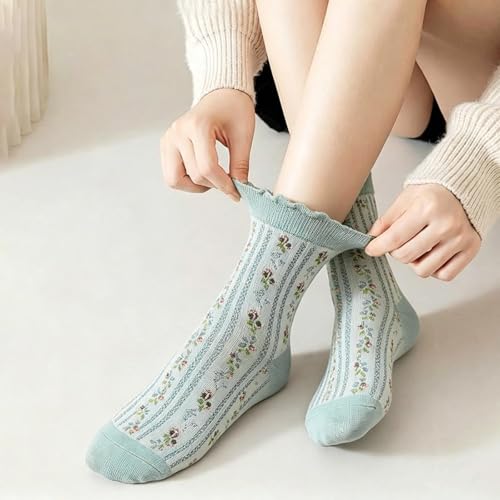 DXYAKY 5 Pairs Womens Floral Cotton Socks Vintage Patterned Crew Socks Novelty Ankle Ruffled Warm Casual Dress Socks - color: 5 Pairs - Colorful Floral