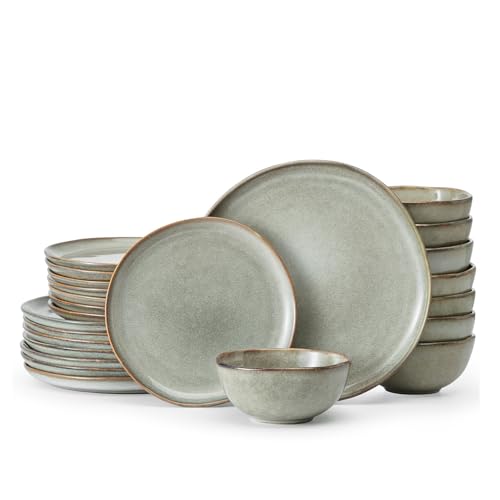 Stoneware Dinnerware Sets for 8, Reactive Glaze Plates and Bowls, Grey - color: Gray, size: Service for 8-24Pcs