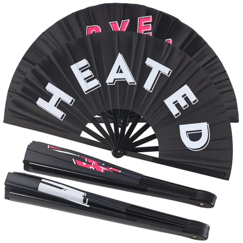 2 Pack Large Folding Hand Fan Men/Women Rave Fan, Chinese Kung Fu Tai Chi Hand Fan Black Vintage Foldable Hand Fans for Dancing, Festival, Gift, Home Decorations(Heated & Bye) - color: Heated & Bye