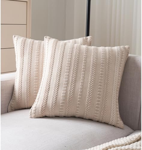 Cethom Boho Throw Pillow Covers 18x18 Inch Set of 2, Farmhouse Decorative Couch Pillow Cases, Beige Accent Pillows of Bed, Sofa Bedroom Living Room Home Decor Cushion Cover - color: Beige, size: 18" x 18" (Pack of 2)