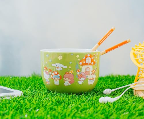 Silver Buffalo Sanrio Hello Kitty and Friends Mushroom Crew Ceramic Dinnerware Set | Includes 20-Ounce Ramen Noodle Bowl and Wooden Chopsticks | Asian Food Dish Set For Home & Kitchen