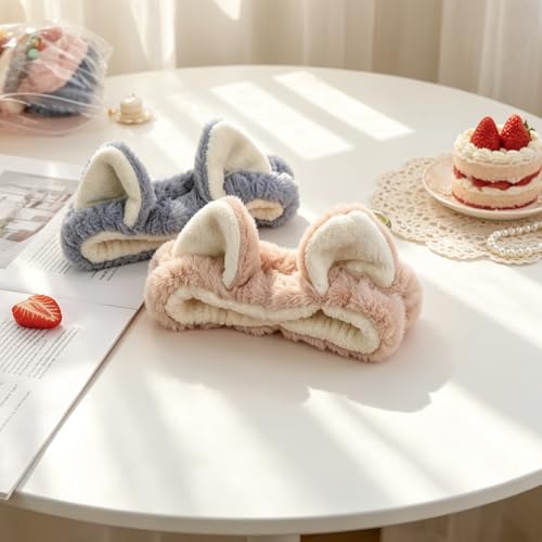 PERFECTSIGHT Kawaii Headband for Spa, Makeup, Washing Face, Party - 2 Pack Cute Hair Band for Shower Beauty Skincare, Soft Facial Headbands for Girls and Women (Blue+Coffee Ear) - color: Blue+Coffee Ear
