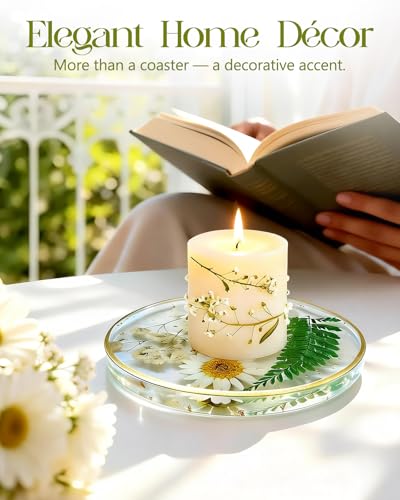 Oqplog Resin Drink Coaster for Desk Coffee Table-White Cute Dried Flowers Cup Coaster for Work Office Home Outdoor Decor Gifts for Girls Women,1 Pcs - color: White