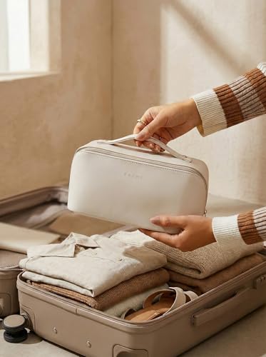 EACHY Travel Makeup Bag for Women, PU Leather Cosmetic Bag, White, Medium - color: A - White, size: Medium