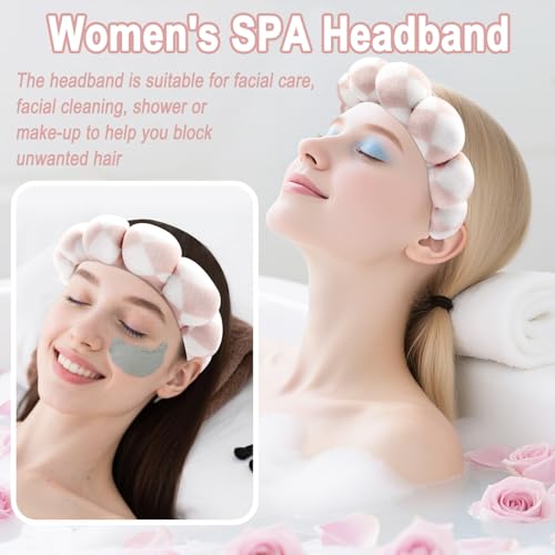 Zkptops Spa Headband for Washing Face Wristband Set Sponge Makeup Skincare Velvet Fabric Bubble Soft Get Ready Hairbands for Women Puffy Headwear Non Slip Thick Thin Hair Accessory (Checkered) - color: ZYE Checkered