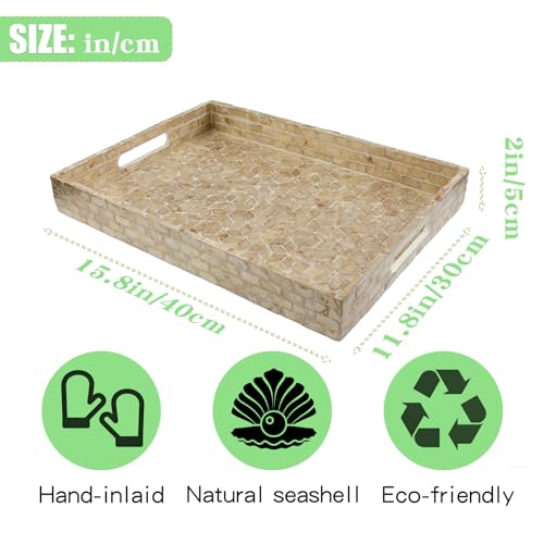 Rectangular Mother of Pearl Serving Tray, Handmade Ottoman Decorative Shell Tray with Handles for Fruit Bread Tea Breakfast Coffee Table Party Home Decor (Gold Mosaic) - color: Gold Mosaic