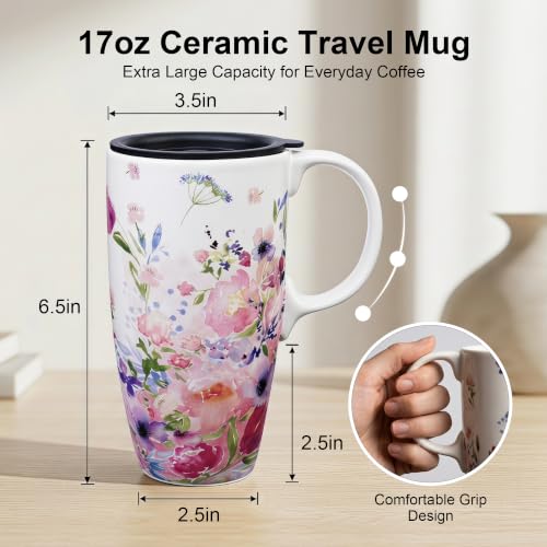Topadorn 17oz Ceramic Coffee Mug with Lid, Floral Travel Mug with Handle - color: Pink Floral