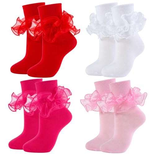 Big Ruffle Socks Women(Size 5-11) Turn Cuff Cotton Lace Frilly Socks - color: White,pink,light Pink,red, size: 9-11